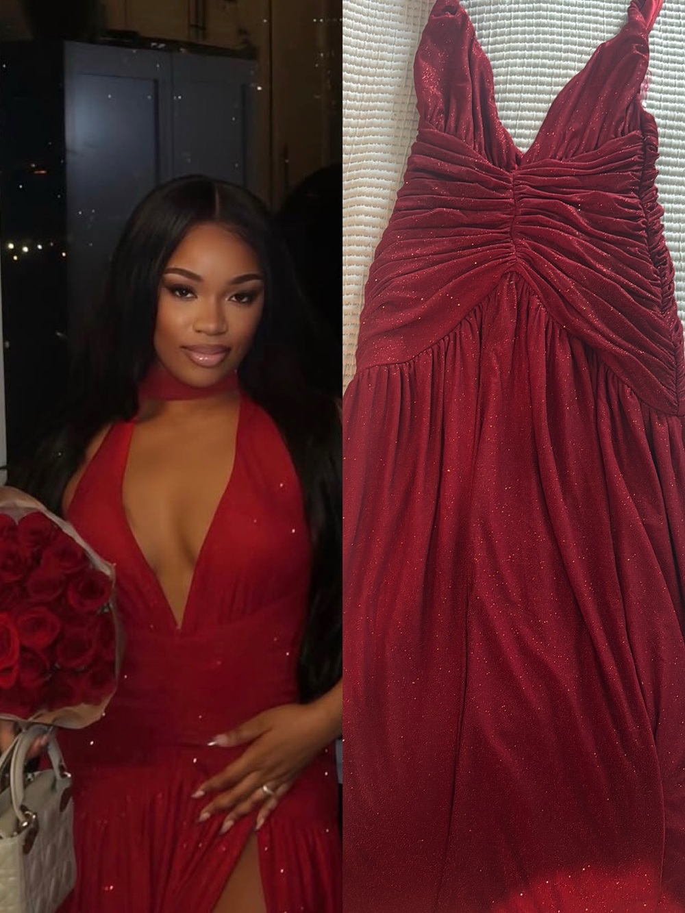Melaina Sparkling Deep V Red Maxi Dress with Ruched Bodice